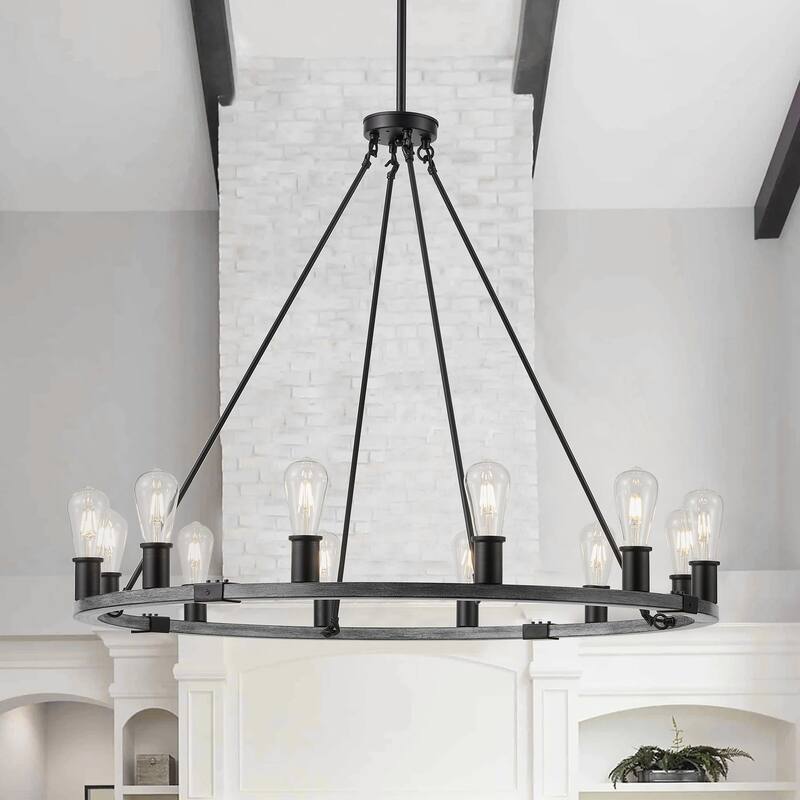 12-Lights Dimmable Farmhouse Style Wagon Wheel Chandelier - 39.4"D×4.7"W×76.8"H(Adjustable)
