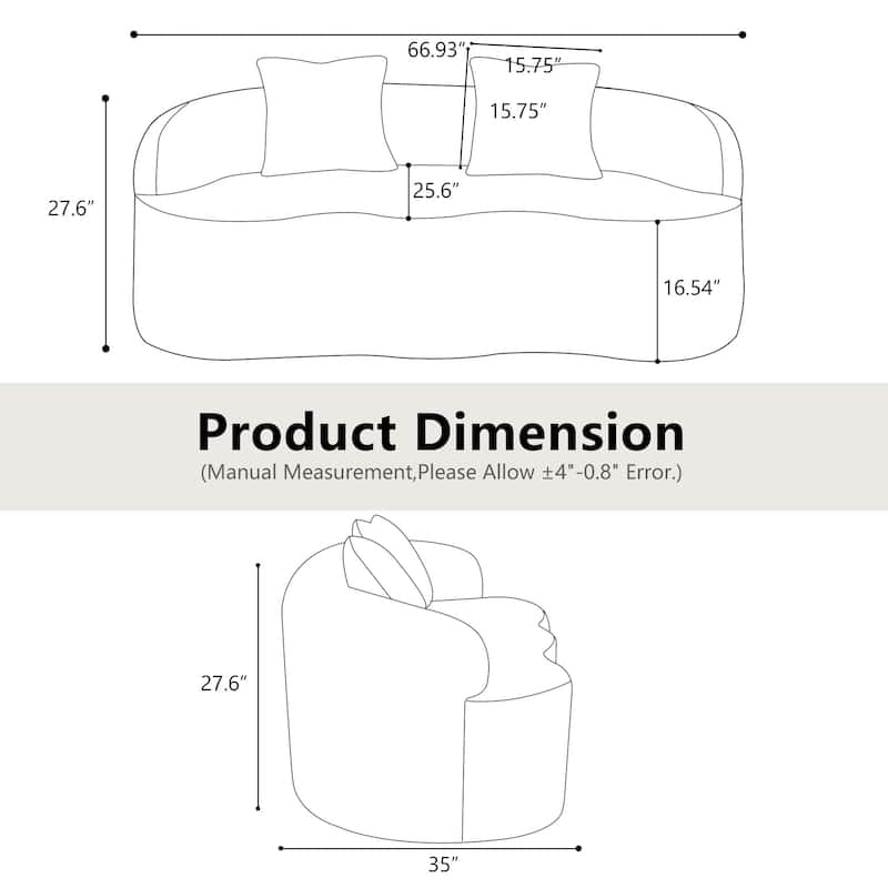White Curved Loveseat Sofa with Round Armrest, Compression Couch with 2 Pillows, Cream Couch for Small Space