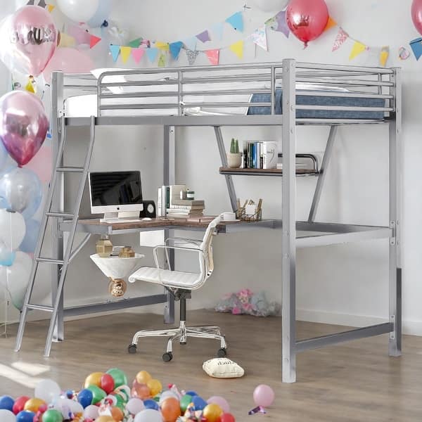 slide 2 of 13, Industrial Modern Twin Size Loft Metal & MDF Bed with Built-in Desk and Shelf, Sturdy Construction & Safety Guaranteed, Silver Silver