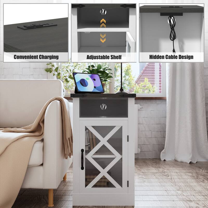 Farmhouse End Table with Charging Station, 15.4"Nightstand with Barn Door & Shelf,Wooden Sofa Side Table with 3-Tier Storage