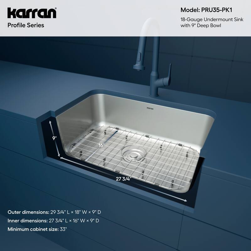 Karran Profile 30” Undermount 18 Gauge Single Bowl Stainless Steel Kitchen Sink with Accessories