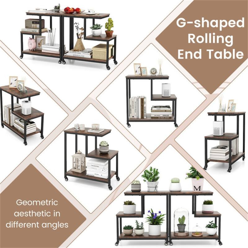 Engineered Wood and Metal G Shaped Side Table with Casters - 23" x 12" x 24"