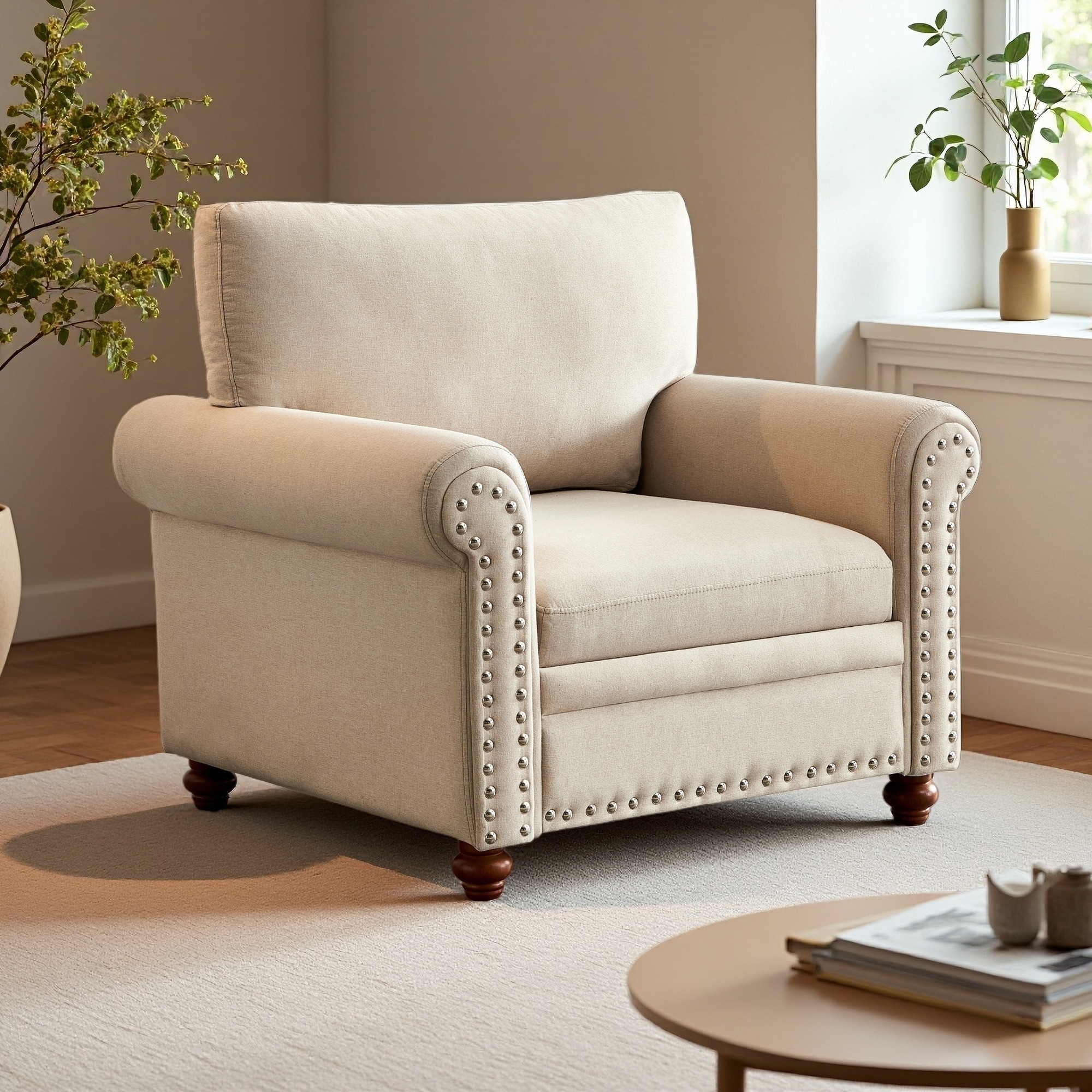 Fabric Chair with Wood Legs, 7" Cushion, Nailhead Trim & Removable Cover