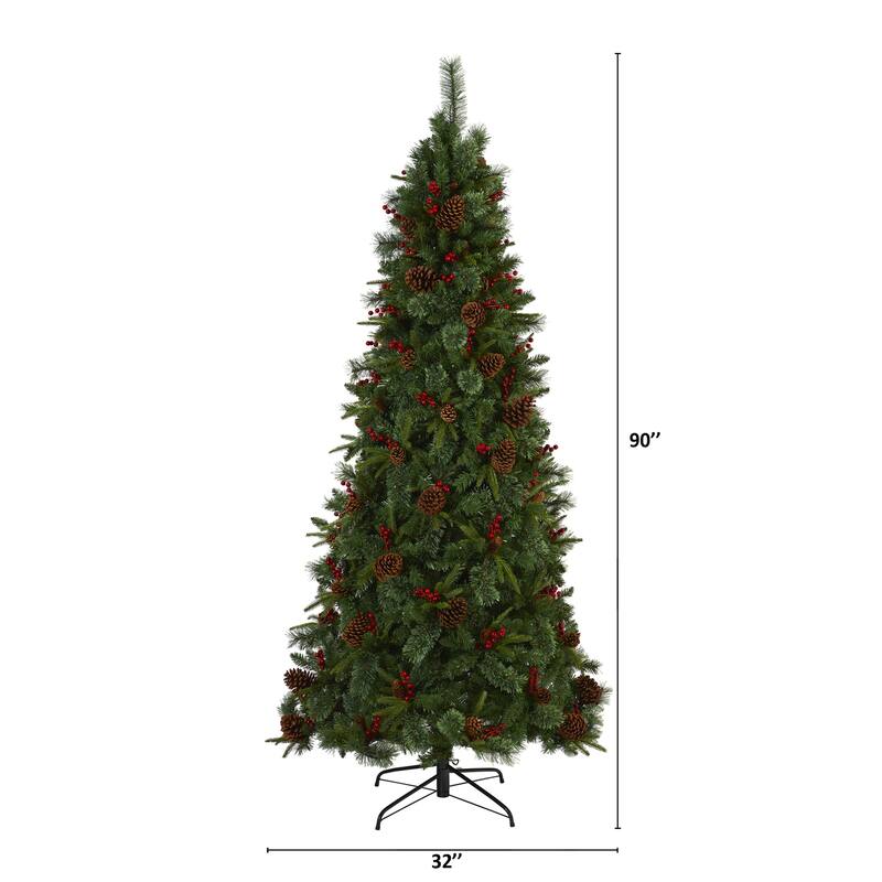 Southwestern Artificial Christmas Tree - 7.5ft Pine Tree with Clear Lights, Pine Cones & Berries - Holiday Decor - Green - 90