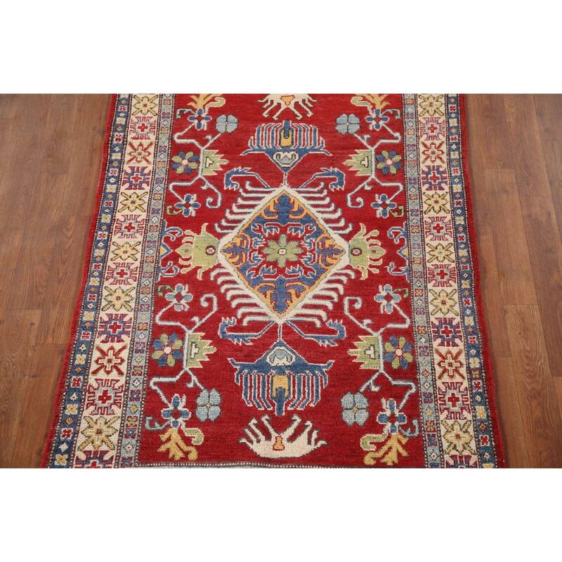 Geometric Red Kazak Oriental Rug Handmade Traditional Wool Carpet - 3'4"x 5'3"