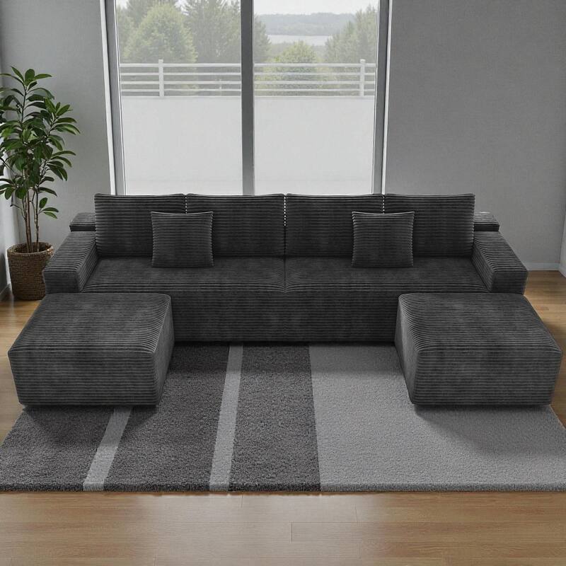 137.8" Modular Sectional Sofa 4-Piece Upholstered Corduroy Couch No Assembly Required, Plush Foam Seating for Living Room - Grey
