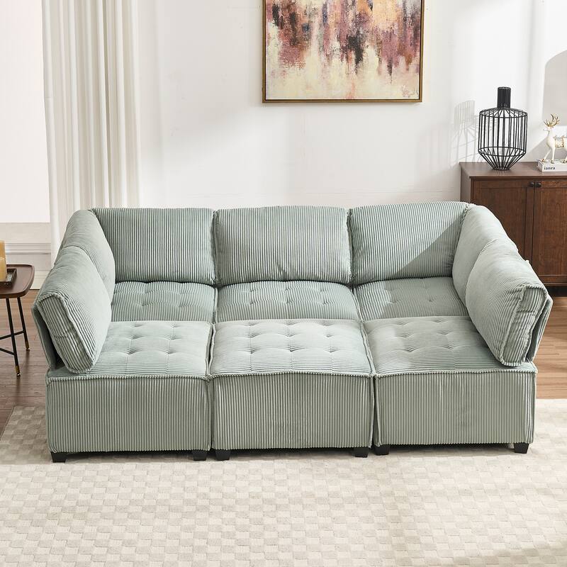 Ergonomic Lounge Modular Couch Corduroy Sectional Sofa with Deep Seat Ottoman Chaise and High-Rebound Thick Cushions - Mint Green