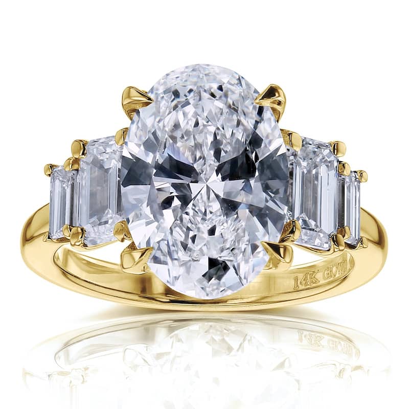 Kobelli 5.4 Carats Oval Emerald & Baguette Diamond 14k Solid Gold 5-Stone Heather Ring (EF/VS, Certified) - Yellow - 7