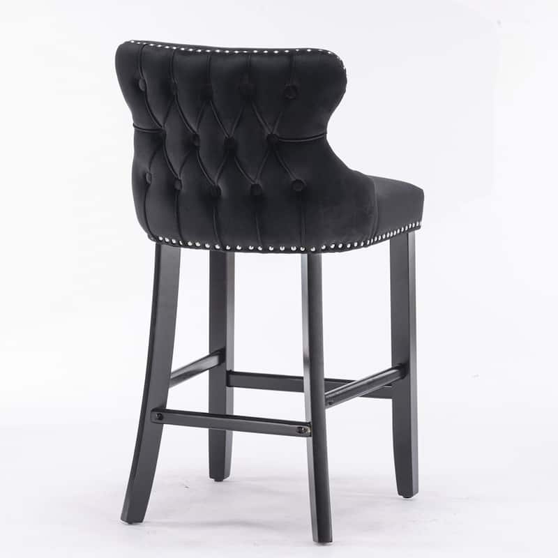 Velvet Upholstered Wing-Back Barstools with Button Tufted Decoration and Wooden Legs