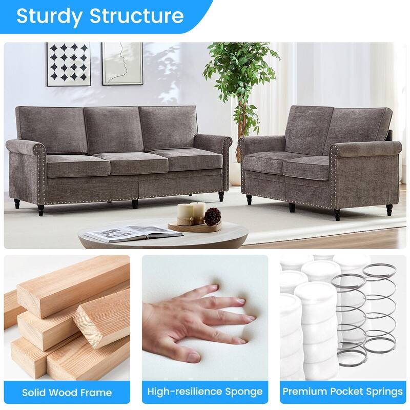Mixoy 2 Piece Living Room Sofa Set with Riveted Design,Chenille Nailhead W76''3-Seater Sofa Couch with W53''Loveseat Sofa