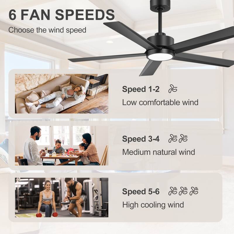 52"/ 65"/72" Black LED Ceiling Fan with Light Kit and Remote(5/8 Blade)
