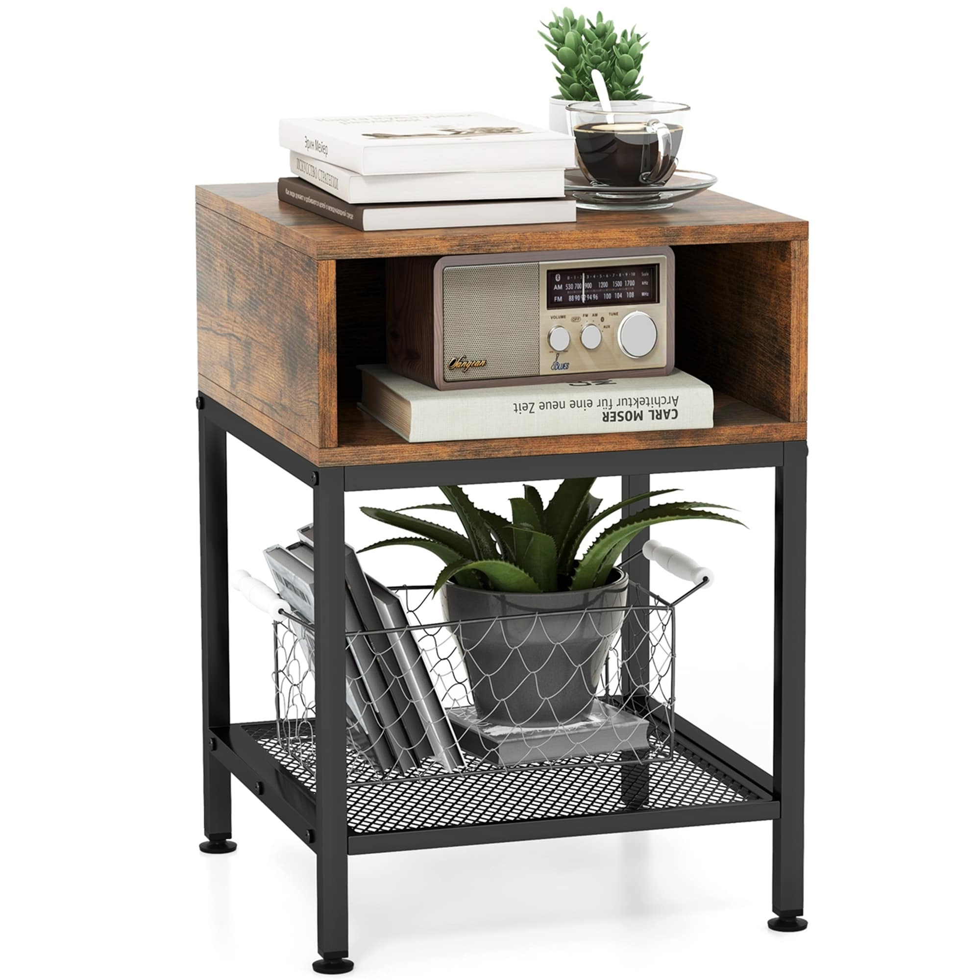 Costway 16" 3-tier Wood Top End Table w/ Metal Frame Storage Cube & - See Details
