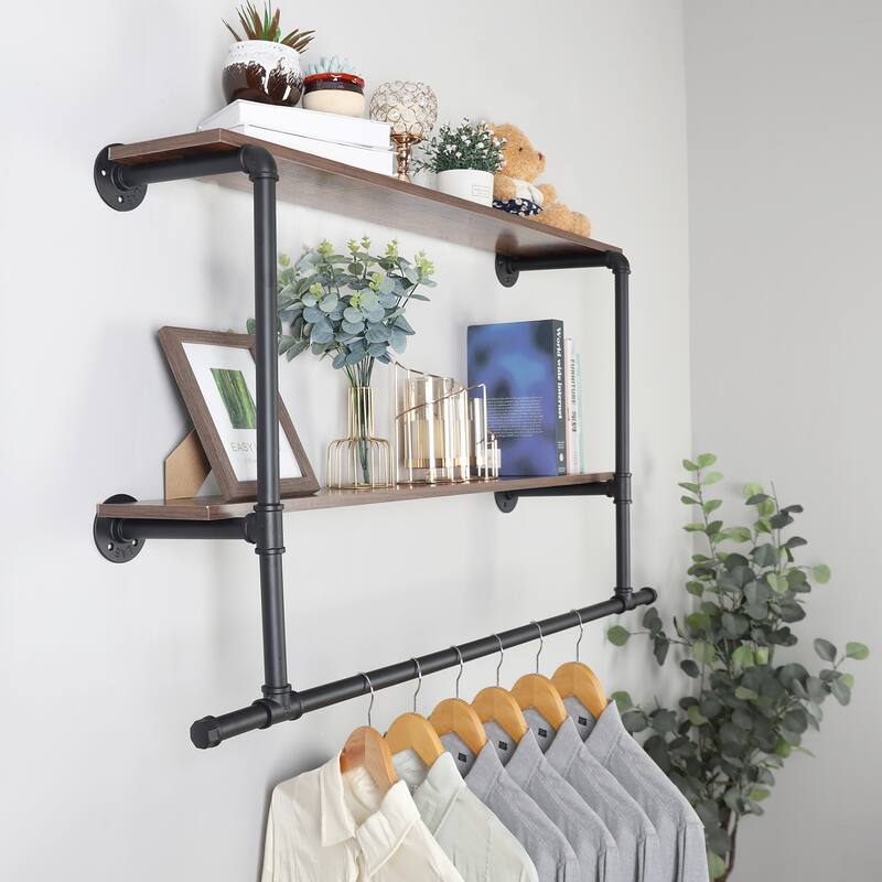 2 Tier Clothes Display Rack Pipe w/Wood Shelves for Garment Storage