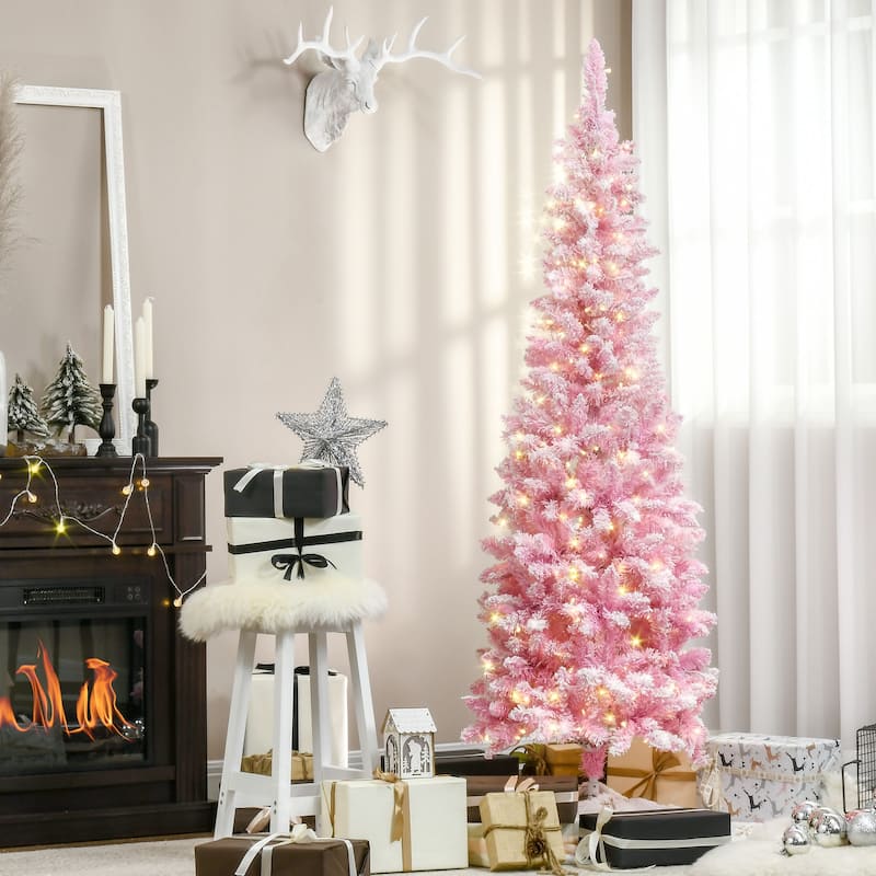 HOMCOM Pre-Lit Snow Flocked Pencil Tree - Realistic Pine Branches, Warm White LED Lights, Auto Open, Pink & White