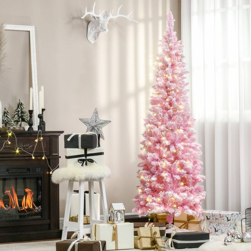 Slim Snow Flocked Pre-Lit Christmas Tree with Realistic Pine Branches and Auto-Open Design, 6ft/7.5ft