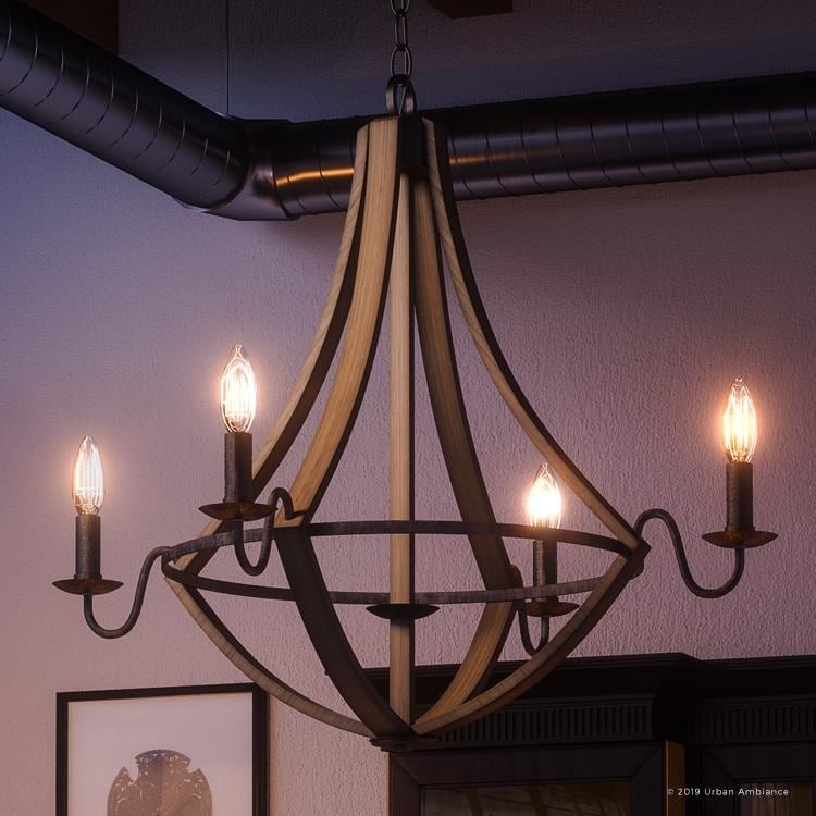 Luxury Farmhouse Chandelier, 25"H x 26.5"W, with Rustic Style, Wood Grain Metal with Antique Black Finish by Urban Ambiance (60 to 100 Watts - Steel - Chandeliers For Bedrooms by Overstock.com