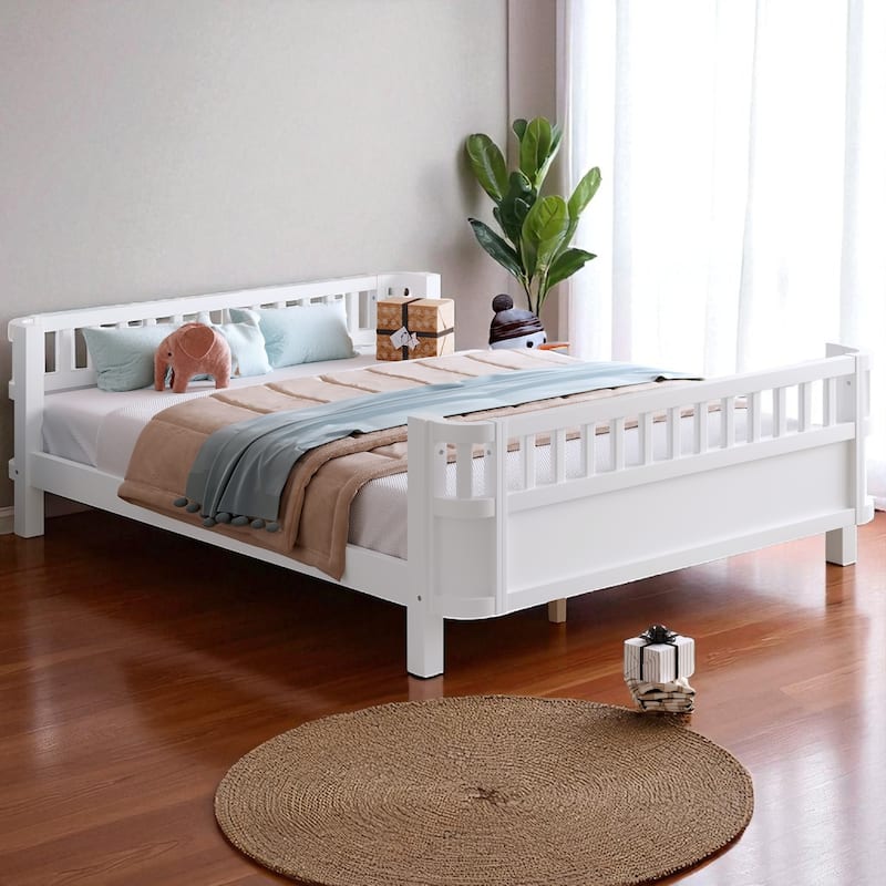 Wood Platform Bed with Guardrails & Detachable Fence, Twin/Full/Twin XL/Queen Size Kids Bed, Safety Design, No Box Spring - White - Queen