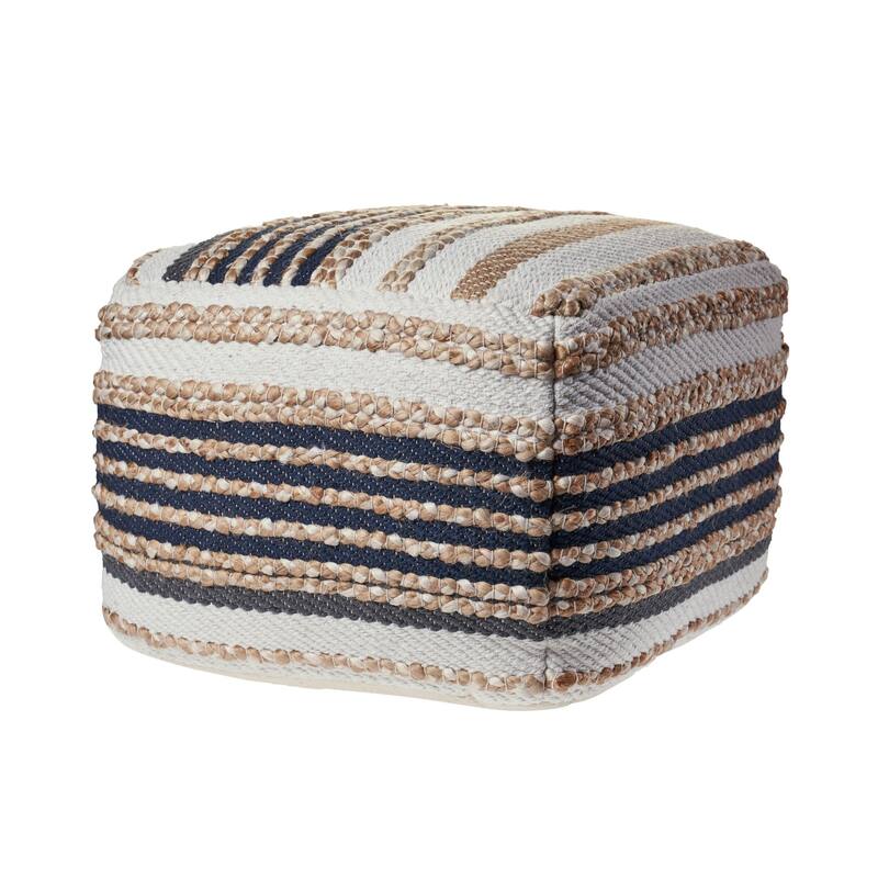 18" Brown and White Striped Jute Square Pouf Ottoman