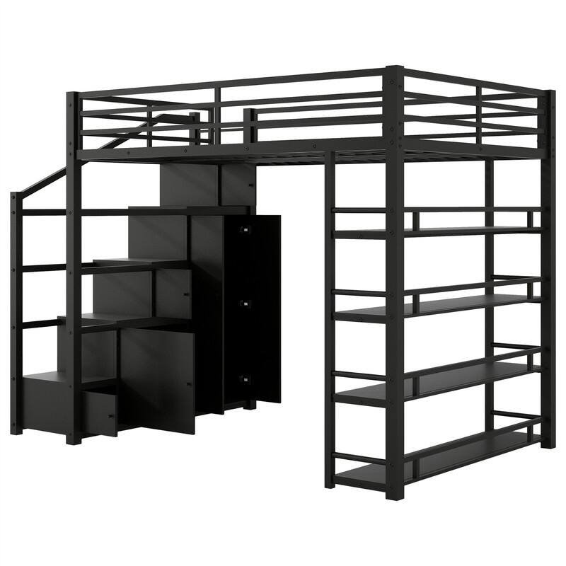 Full Size Loft Bed with Bulit-in Wardrobe and Cabinets, Metal Loft Bedframe with Storage Staircase and Open Shelves
