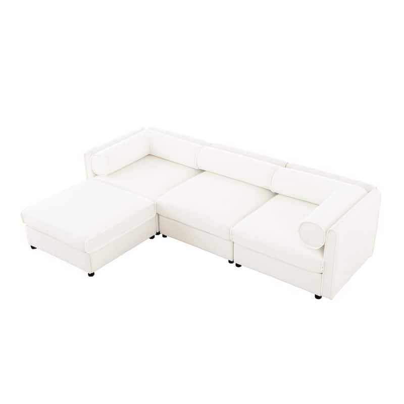 Chenille L-Shaped Sofa with Storage, 3-Seater Couch with Ottoman, Cylindrical Backrests & Armrests, Modern Modular Sofa
