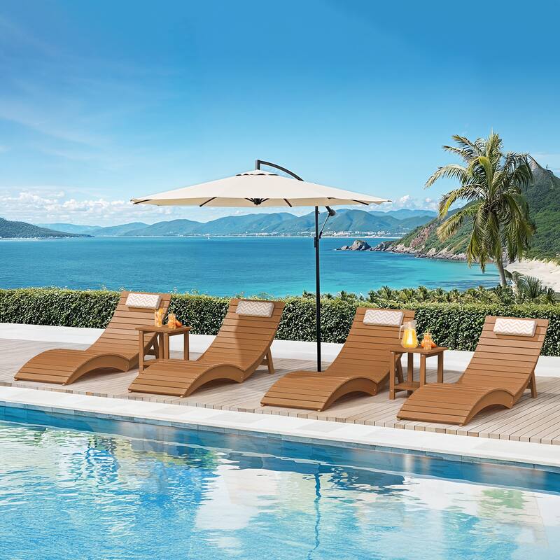 Set of 4 Weather-Resistant Folding Patio Pool Chaise Lounge Chairs - Teak