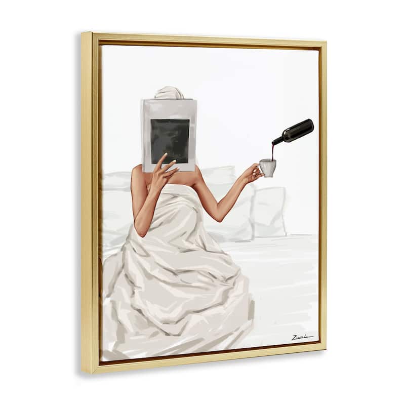 Stupell Cozy in Bed with Drink Framed Floater Canvas Wall Art Design By Ziwei Li