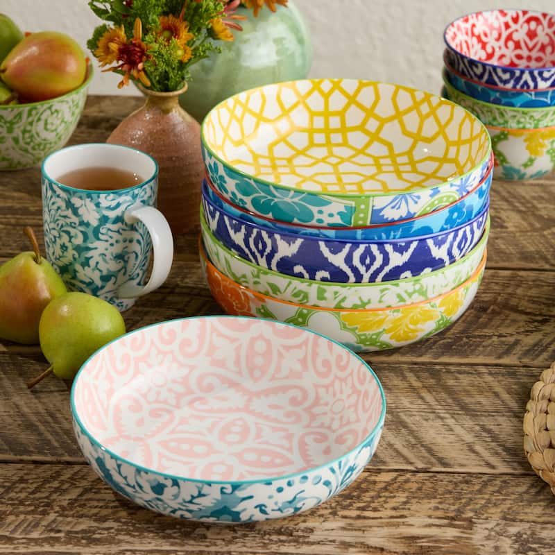 Certified International Pavillion 48 oz. Soup/Cereal Bowls, Set of 6 Assorted Designs - 8.50"L x 8.50"W x 2.00"H