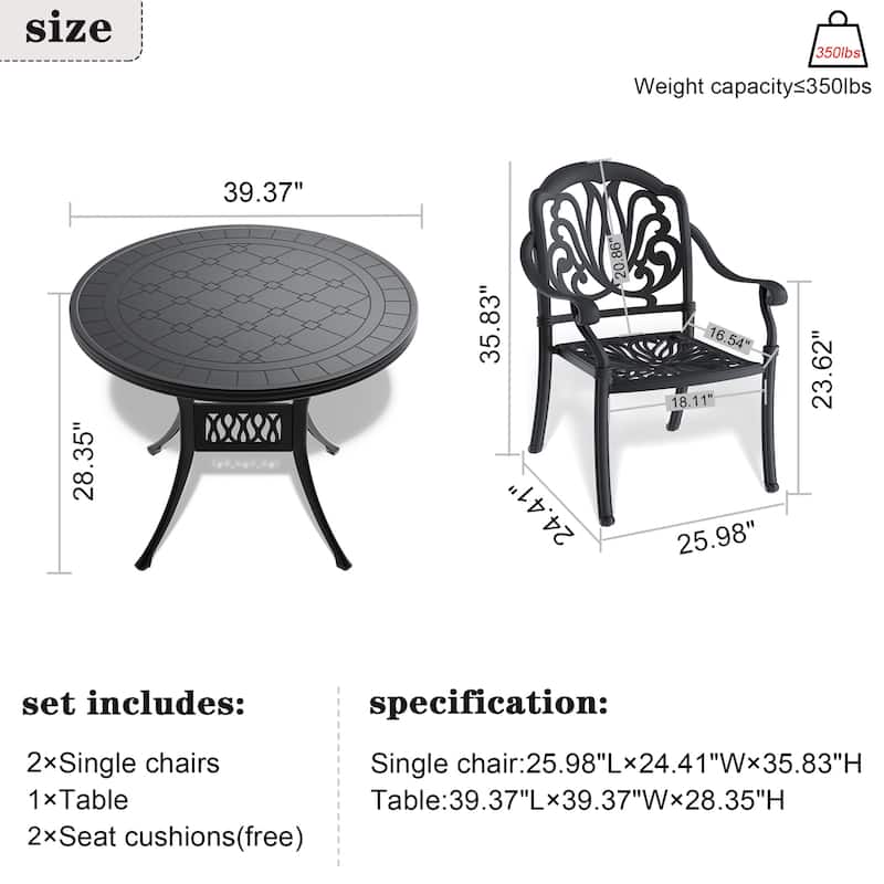 3/5 Piece Cast Aluminum Outdoor Dining Set with 39.37 in. Round Table and Seat Cushions