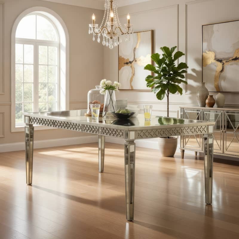 Glam Contemporary Mirrored Wood Rectangular Dining Table