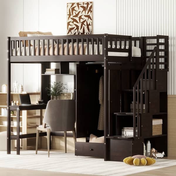 slide 2 of 54, Multifunctional Design Loft Bed with Bookshelf, Drawers, Desk and Wardrobe, Twin size Espresso