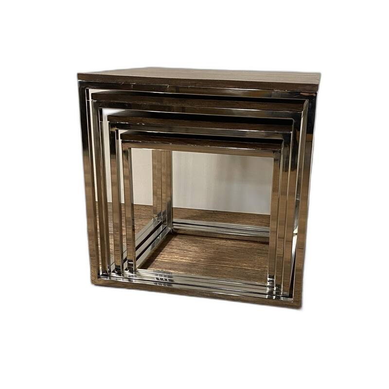 Natural Brown Solid Wood Rectangular Nesting Tables with Silver Stainless Steel Bases Set of 4 - Natural Brown-Silver
