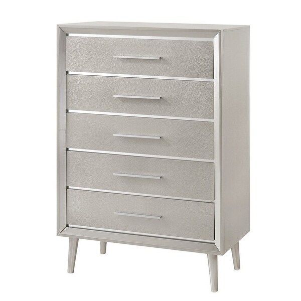 5 Drawer Contemporary Chest with Bar Handles and Splayed Legs, Silver. Opens flyout.