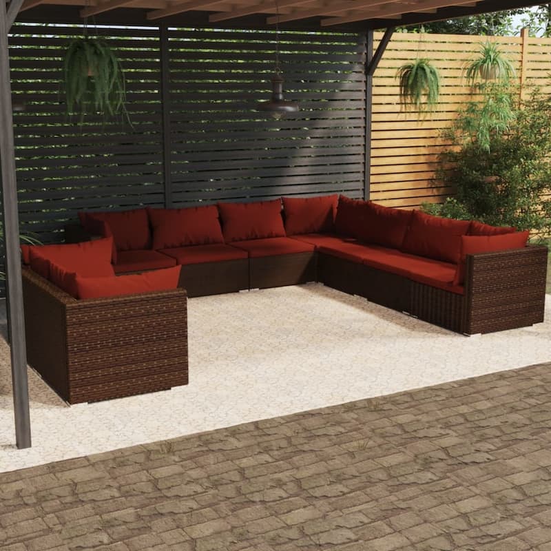 vidaXL Patio Lounge Set with Cushions Brown Poly Rattan - 27.6" x 27.6" x 24" - 27.6" x 27.6" x 24" - Brown/Cinnamon red 14 x Back pillow