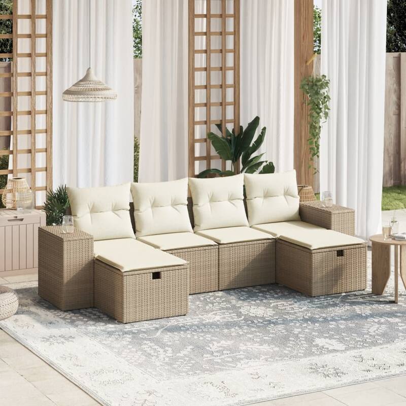 vidaXL Patio Sofa Set with Cushions Outdoor Furniture 6 Piece Poly Rattan - Beige and cream Large