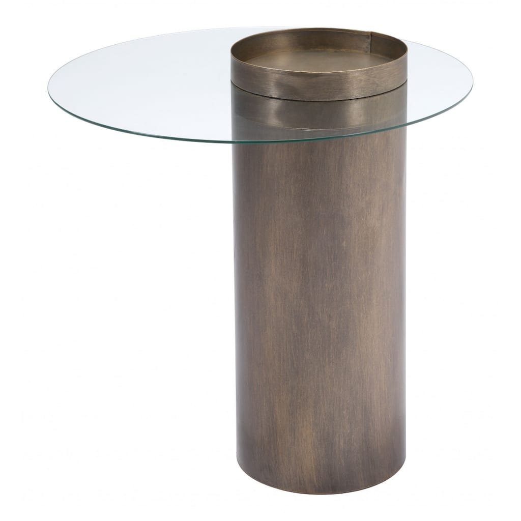 Modern Antique Gold End Table with Glass Top and Steel Base - 23.60" x 23.60" x 24.80"