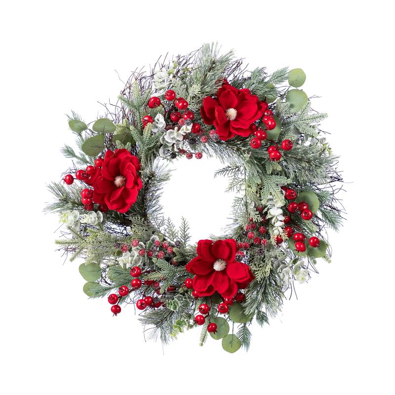 Glitzhome Christmas Red Mangnolia & Berry Wreath Garland Teardrop Hanging Decor