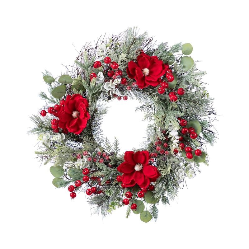 Glitzhome Christmas Artificial Plant Set, Red Mangnolia Wreath, Garland, and Set of 2 Entrance Potted Trees with LED Lights