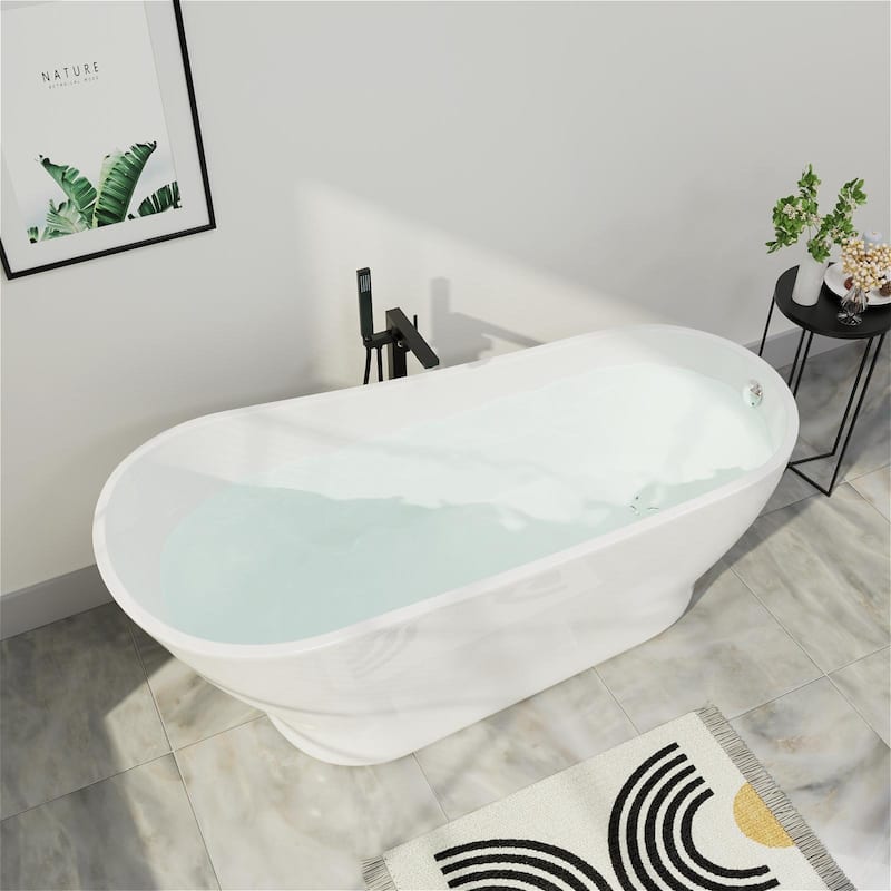 Mokleba 59"Lx28''W Freestanding Pedestal Slipper Soaking Acrylic Bathtub with Chrome Drain and Overflow
