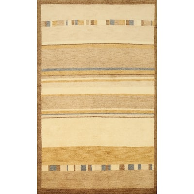Hand Knotted Oriental 100% Wool Carpet Modern Geometric Beige & Ivories Gabbeh Area Rug - 5' 11'' X 4' 0''