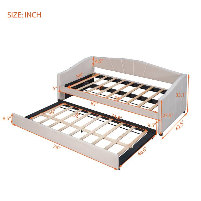 Twin Size Upholstered Daybed with Trundle, Wooden Tufted Sofa Bed Frame with 2 Drawers Underneath & Wood Slat Support