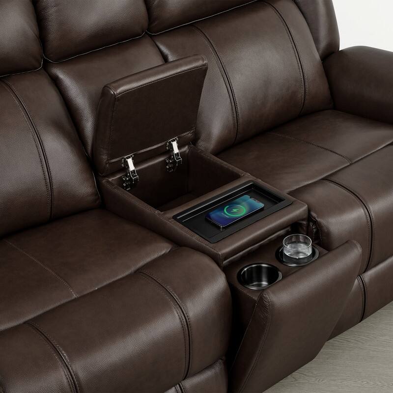 Spruce & Spring Genuine Leather Power Reclining Sofa with Optional Console & Flip-Down Table