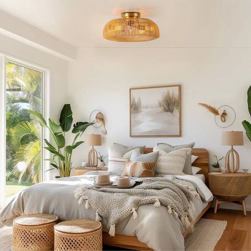 20 in. 7-Blade Boho Farmhouse Woven Rattan Cage 4-Light Semi-Flush Mount Ceiling Fan with Remote - 19.6 in. W x 9.8 in. H