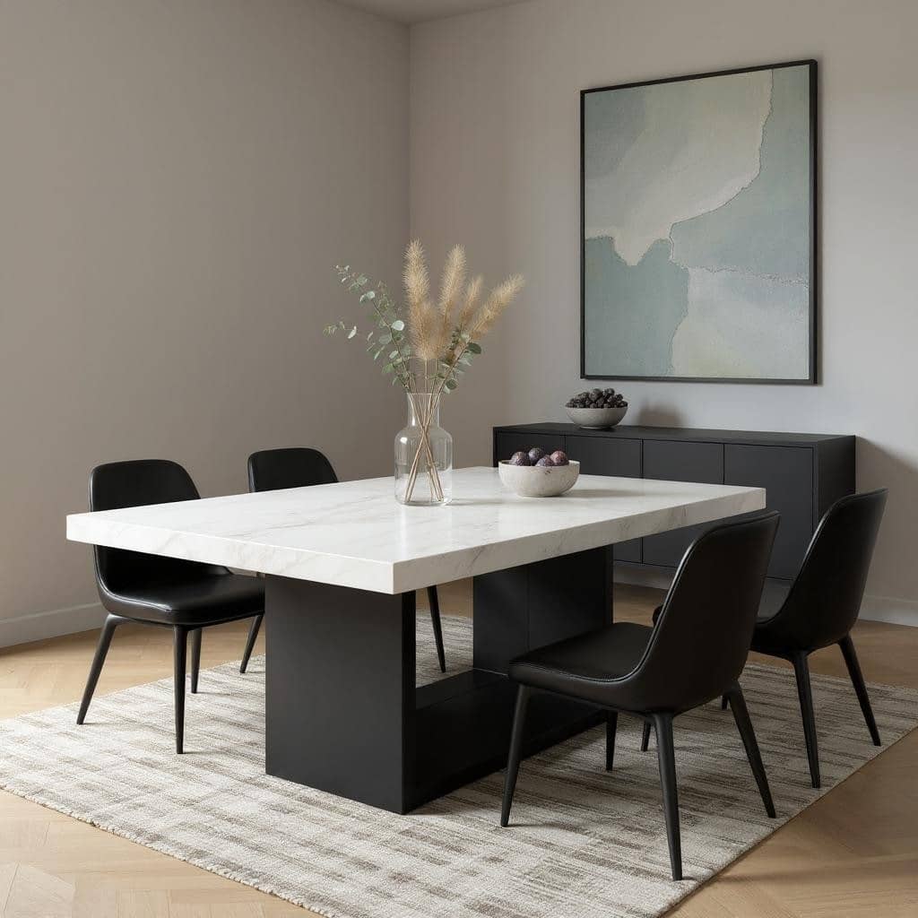 HomeRoots 70" White and Black Faux Marble and Wood Pedestal Base Dining Table - 70 in. x 30.25 in. x 42 in.