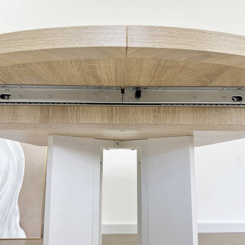 43"-59" Extendable Round Dining Table with X-Shaped Base & Removable Leaf, Kitchen Table with Adjustable Length