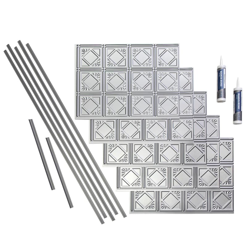 FASÄDE Traditional Style 4 Decorative Vinyl Backsplash Panel - 15 Sq Ft Kit - Argent Silver