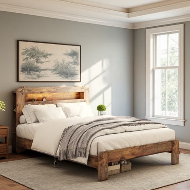 Full Size Wood Platform Bed Frame with LED Headboard, USB Charging Ports, No Box Spring Needed & Under-Bed Storage Design