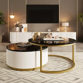 Modern Round Nesting Coffee Table Fluted with Drawer