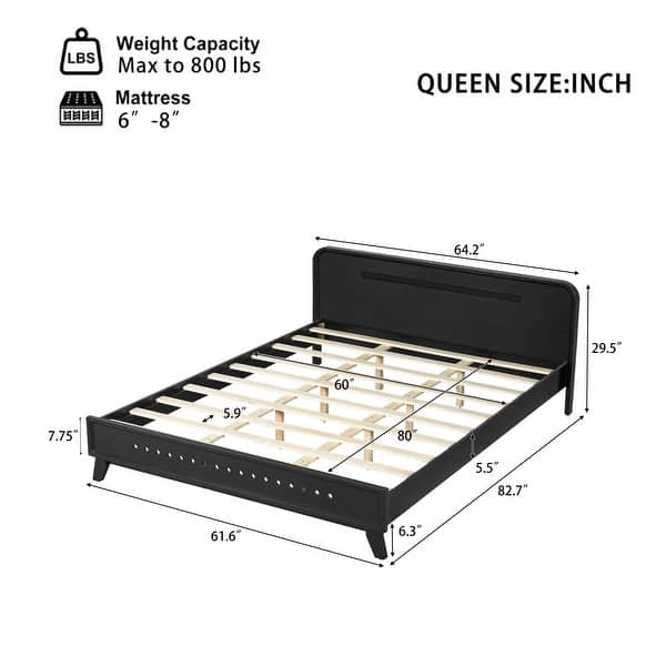 dimension image slide 4 of 8, Rustic Pine Wood Bed Frame Low-Profile Platform Bed with Panel Headboard Solid Wood Slat Support and Extra Wide Thickened Legs