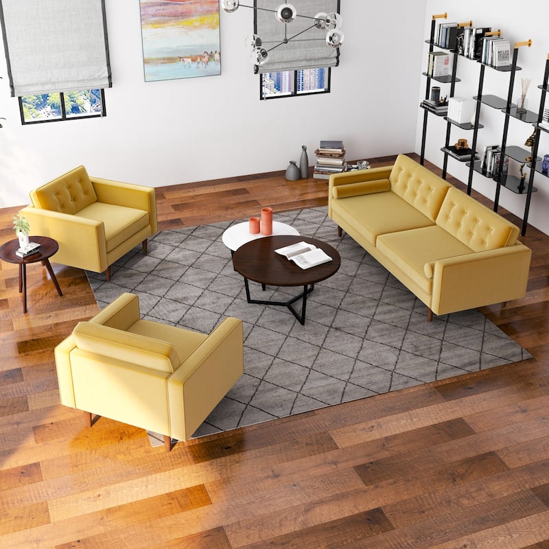 Mase 3-Piece Mid-Century Velvet Sofa and 2 Lounge Chairs Set in Gray - Dark Yellow
