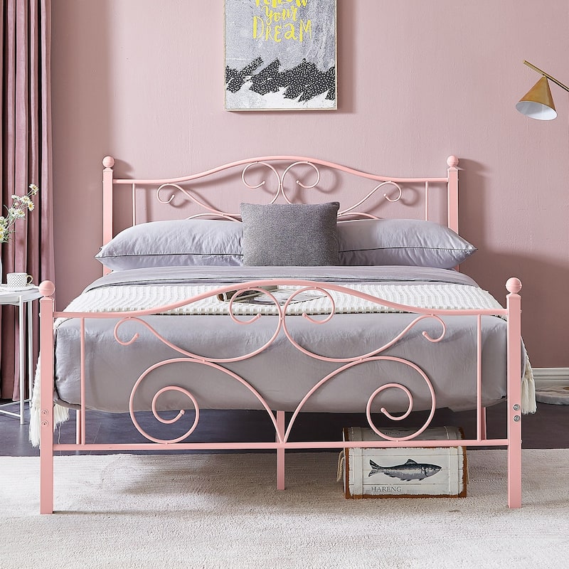 VECELO Metal Platform Bed Frame with Scroll Headboard, Twin/Full/Queen Size Beds